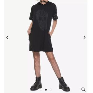 Hot‎ Topic Black Glitter Skull Hematite Grommet Short-Sleeve Hooded Dress Sz XS